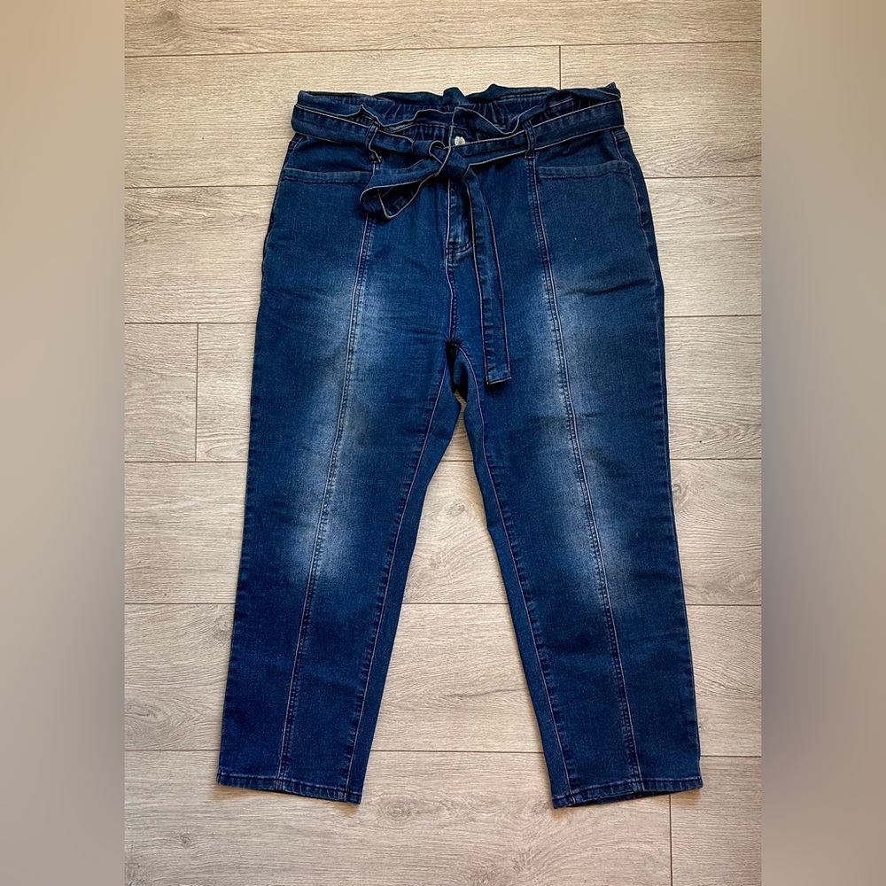 Woman’s Paper Bag Ankle Jeans Stretch Belted High Waisted Cropped Denim Pants